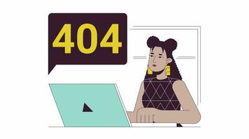 Laptop Problem Frau 404 Error Animation. frustriert Technologie scheitert Error Botschaft GIF, Bewegung Grafik. spanisch traurig Mädchen Laptop animiert Karikatur Linie Charakter 4k Video isoliert auf Weiß Hintergrund