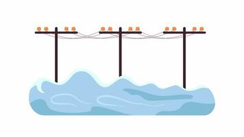 stark Überschwemmung Stadt Karikatur Animation. überflutet Straße mit Nützlichkeit Stangen. extrem Wetter. Sturm Wasser Beschädigung 4k Video Bewegung Grafik. Flut 2d Farbe animiert Szene isoliert auf Weiß Hintergrund