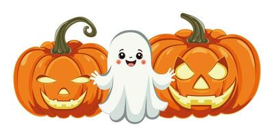 Two Halloween pumpkins jack o lantern and a cute ghost. A traditional character and accessory for the celebration of Halloween. Background for postcard, invitation, banner. Vector illustration.