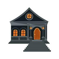 contento Víspera de Todos los Santos casa. Siniestro oscuro cabaña con linternas y escaleras. dibujos animados gótico arquitectura en plano estilo. vector ilustración.