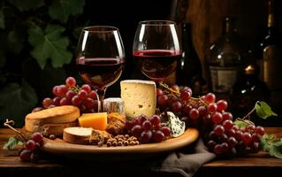 vino, quesos y uvas en un Clásico configuración. creado con generativo ai foto