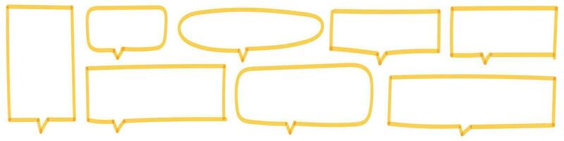 Speech bubbles and text balloons, drawn with comic line. Hand drawn yellow markers frame elements set. dialogue and talk representation. Flat vector illustration isolated on white background.