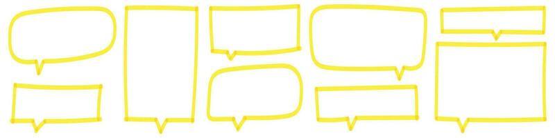 Speech bubbles and text balloons, drawn with comic line. Hand drawn yellow markers frame elements set. dialogue and talk representation. Flat vector illustration isolated on white background.