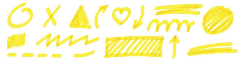yellow highlighter squiggles and curvy stripes with funny elements. Includes arrows, feathers, dashes, swipes, and outlines. Flat vector illustration isolated on white background.