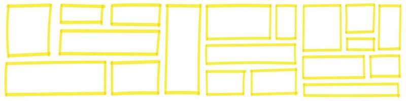 Grunge box and frame with yellow markers brush and stamp effects. Square and rectangular lines in sketch style, Flat vector illustration isolated on white background.