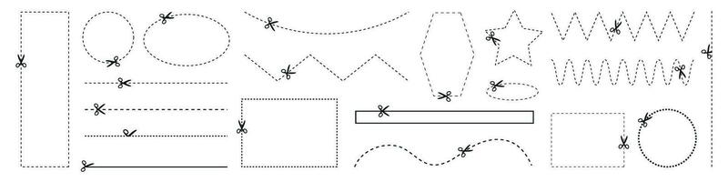 cortar línea icono con cortar con tijeras representación. cortar aquí guía, cupón guión símbolo con punto detalles. firmar y marca en cuadrado forma. plano vector ilustraciones aislado en antecedentes.