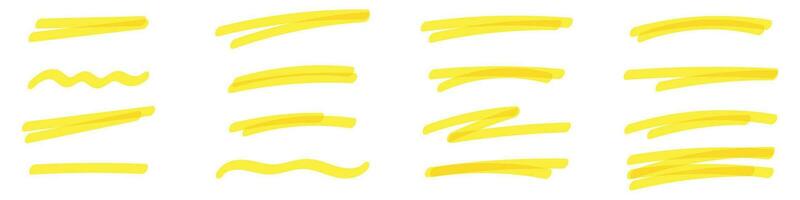 Highlighting marker lines and underlines created with yellow brush strokes. Set with marks, strokes, textures, and stripes for emphasizing text. Flat vector illustration isolated on white background