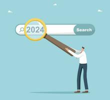 Planning and setting business goals for the new year 2024, analysis and development of strategies for future business development or career growth, man with magnifying glass shows 2024 on search bar. vector