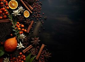 Fall leaves and spices on black background photo