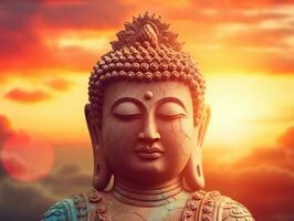 A buddha statue with its eyes close, at sunrise photo