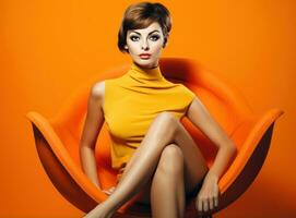 A young girl in yellow clothing sitting on a chair photo