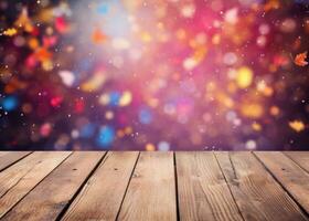 Autumn background with empty wooden table photo