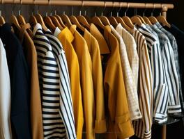 A row of clothing hanging on racks in a store photo