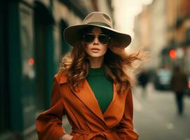 A girl in a trench coat walking down the street of town with hat and sunglasses photo