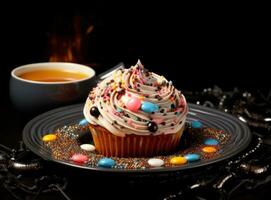 Halloween cupcakes on dark background photo