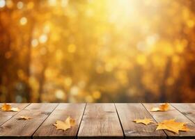 Autumn background with empty wooden table photo