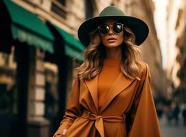 A girl in a trench coat walking down the street of town with hat and sunglasses photo
