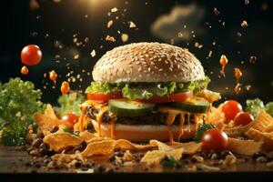tasty burger isolated on dark background fresh hamburger fast food with cheese photo