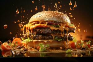Double hamburger isolated on orange background Fresh burger fast food with beef and cream cheese photo