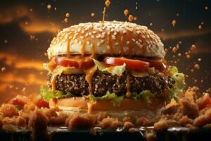 Exploding burger with beef and melted cheese photo