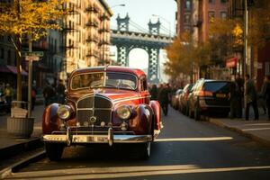 old car parked in the city near by bridge photo