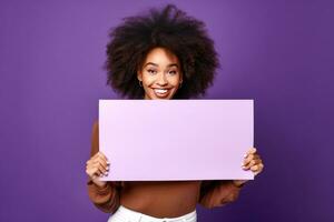 Cheerful african american woman holding template for text on purple solid color background. Mocap, banner, copy space. AI Generated photo