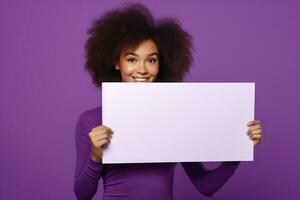 Young african american woman holding mockup signs and sheets of paper for text on a purple plain background. Mocap, banner, copy space. AI Generated photo