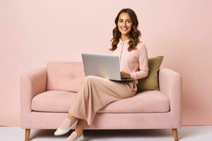 A pretty smiling brunette woman sits on a cozy sofa and holds a laptop in her hands on a pink plain background. online shopping, remote work, viewing content. AI Generated photo