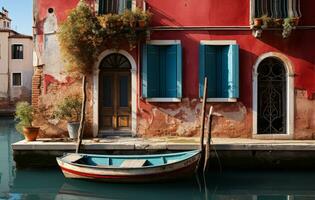 Color European house around by river with boat photo