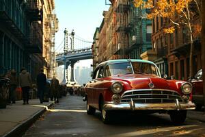 Red color car parked beside the road in London photo