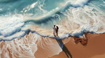 Honeymoon couple walking on sunset romantic stroll on Lover's key beach photo