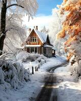 House surrounded by snow laden trees in a winter snow storm photo