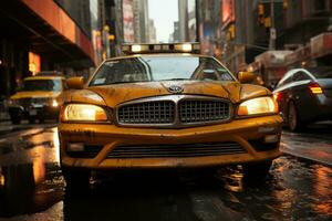 Parked yellow taxi on road, front view photo