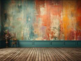 Colorful painted vintage room with wooden floor photo