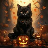 black cat with pumpkins halloween theme background photo