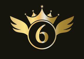 Letter 6 Wing Logo Concept With Crown Icon Vector Template. Wing Symbol