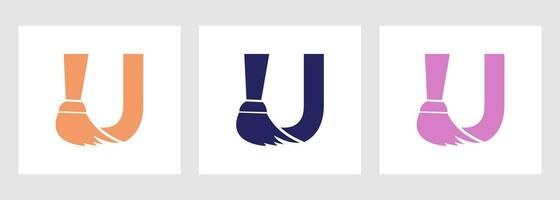 Letter U House Cleaning Logo Concept With Clean Brush Icon. Maid Service Symbol vector