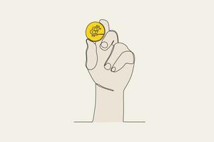 Color illustration of a hand showing Bitcoin vector