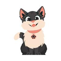 Funny black cat. Smiling kitten. Cartoon style, vector illustration