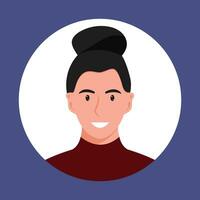 Circle the avatar with the portrait women of various races and hairstyles. Collection of user profiles. Round icon with happy smiling human. Colorful flat vector illustration.