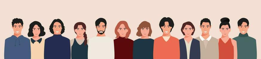 A group of people from different cultures and traditions. Diversity. Diverse multiracial and multicultural groups of people. Vector illustration in flat style.