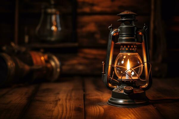 Vintage old lantern lighting in the dark forest. Travel camping concept.  Burning lantern on a moss at forest in the night. Stock Photo