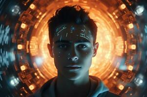 Futuristic technology illuminates young adult people photo