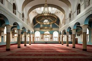 View of inside mosque with a large carpet photo