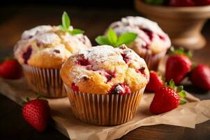 Freshly baked strawberry muffin photo