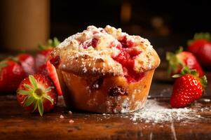 Freshly baked strawberry muffin photo