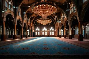 View of inside mosque with a large carpet photo