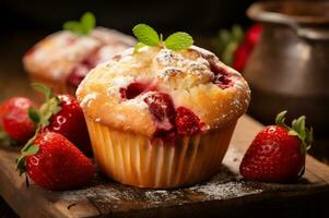 Freshly baked strawberry muffin photo