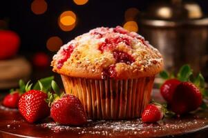 Freshly baked strawberry muffin photo