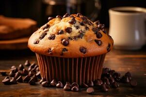 Freshly baked chocolate chip muffin photo